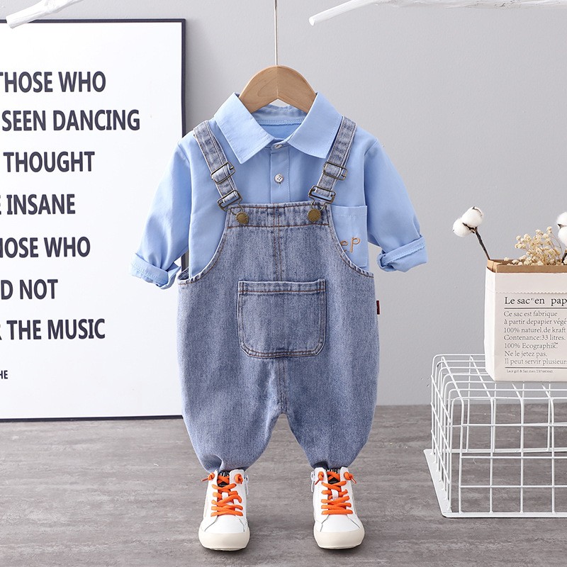 summer baby long sleeve denim shirt straps shorts casual suit boy clothing set children sets 1-4 years for baby