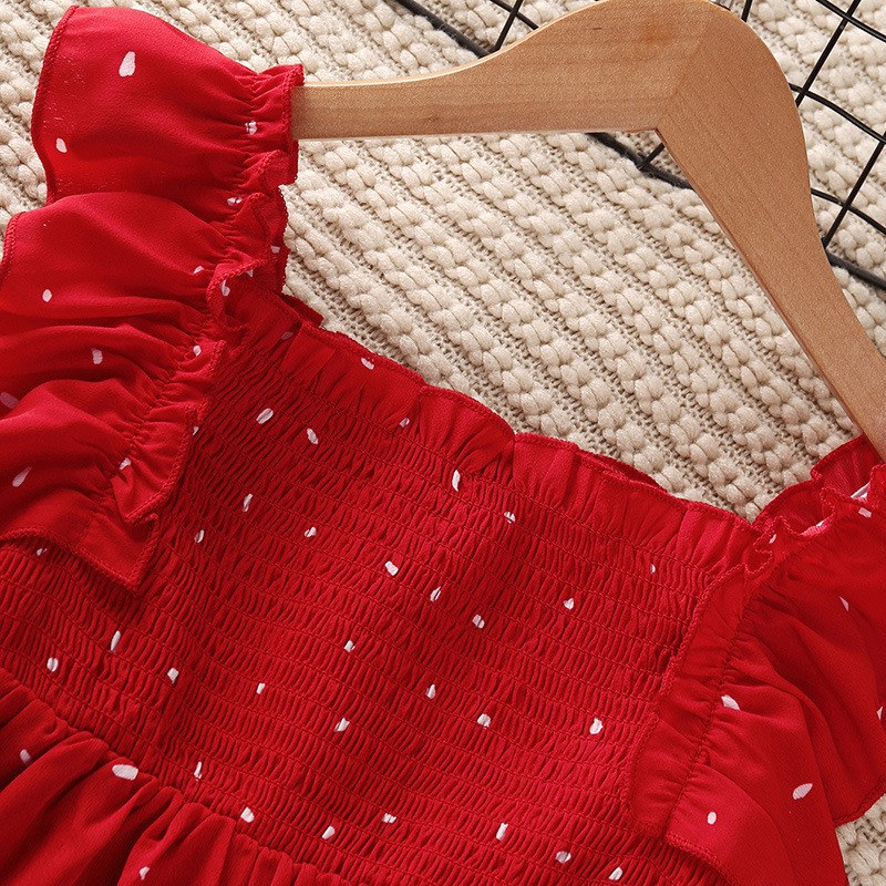 Girls Dot Red Dress Summer 4-11Y Young Children Square Collar Casual Clothing Kids Knee Length Short Sleeve Princess Dresses New