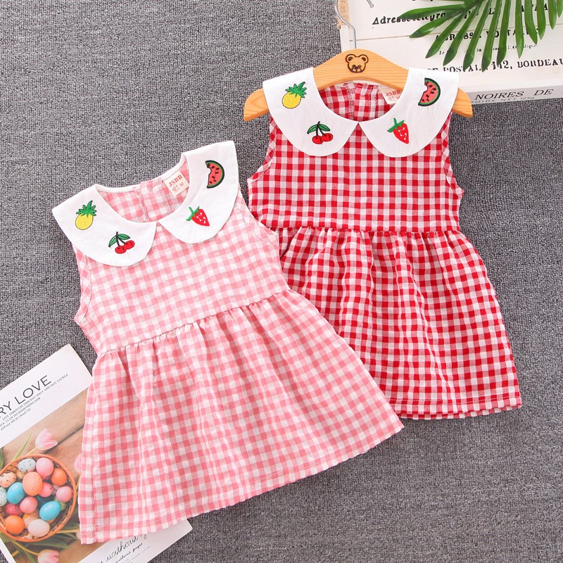 Summer Toddler Girls Sweet Dress 2021 New Casual Fashion Kids Plaid Skirt Baby Peter Pan Collar with Fruit Printed Clothing