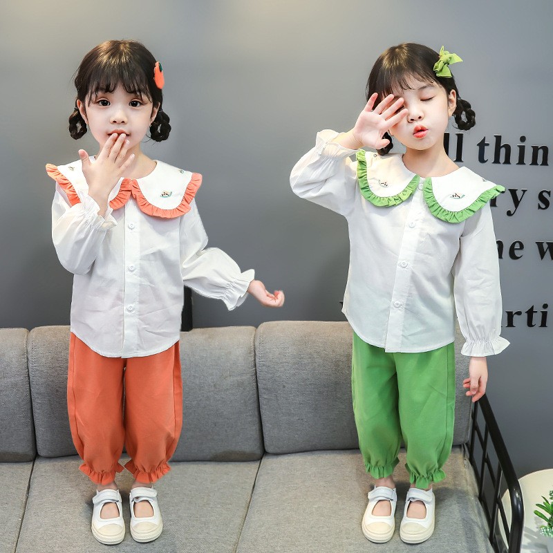 Baby Girl Clothes Sets Toddler 2022 Fashion Infant Spring Autumn 2pcs Sweet Clothes Solid Doll Collar Shirt+Pants Baby Tracksuit