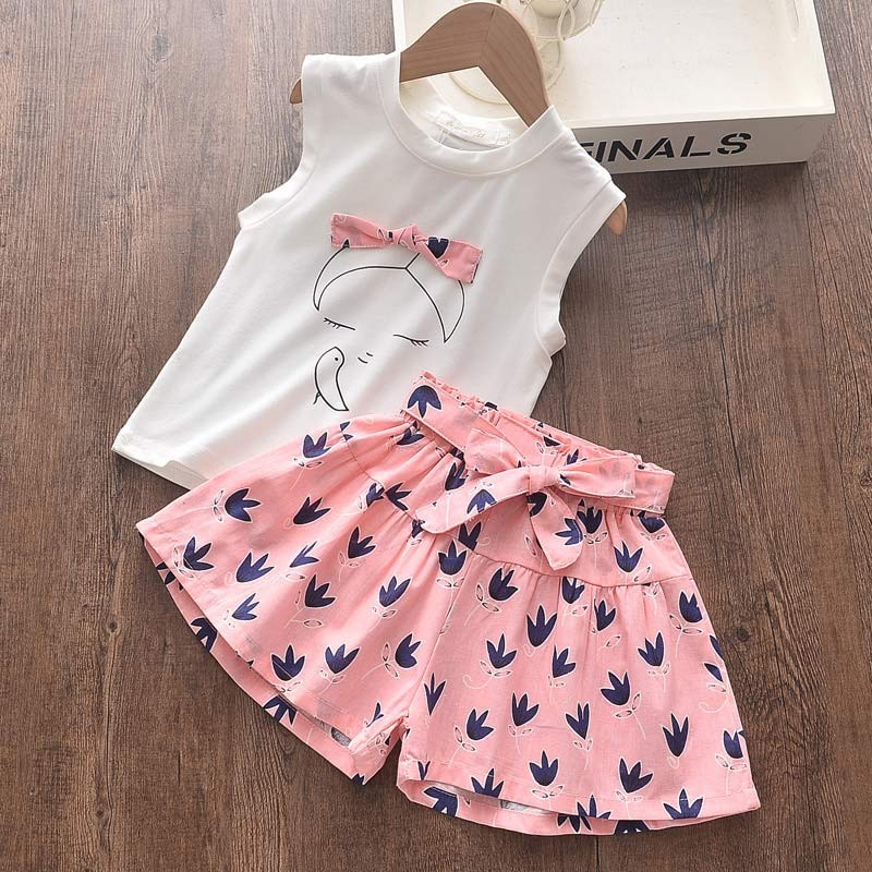 2022 Summer New Kids Clothes Fruit Print Casual Girls Clothing Set + Pants 2 Pack Fashion Ribbon Bow Set Toddler Clothing