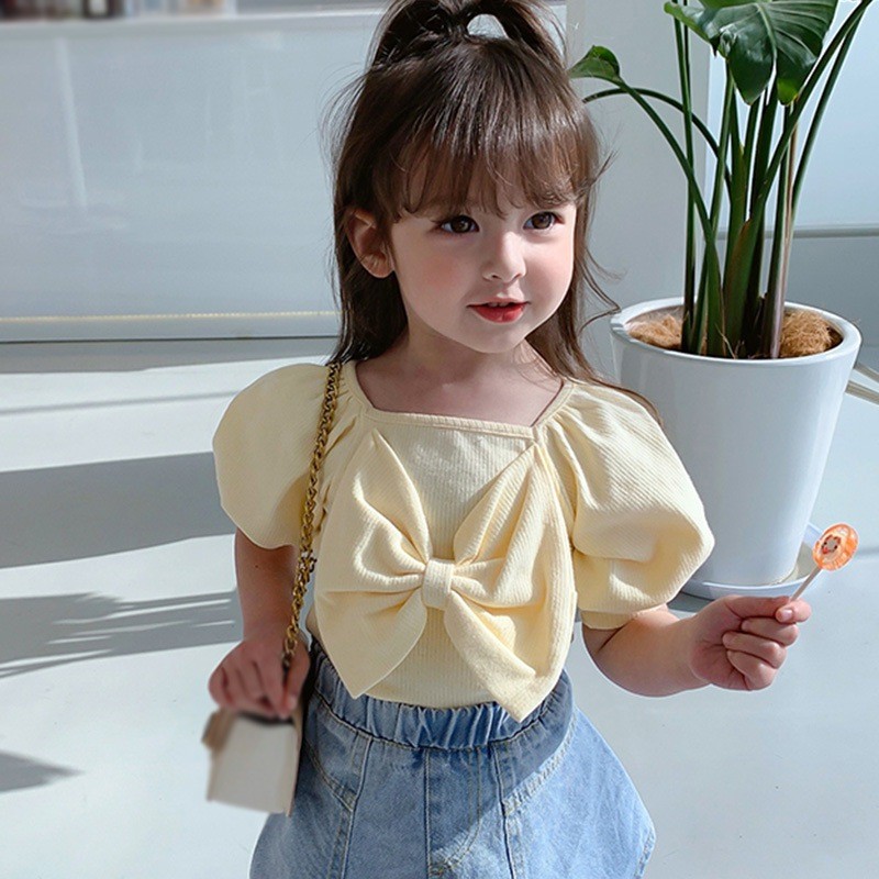 Summer girls cute casual T-shirt baby sweet bubble sleeve princess clothes big bow short sleeve top