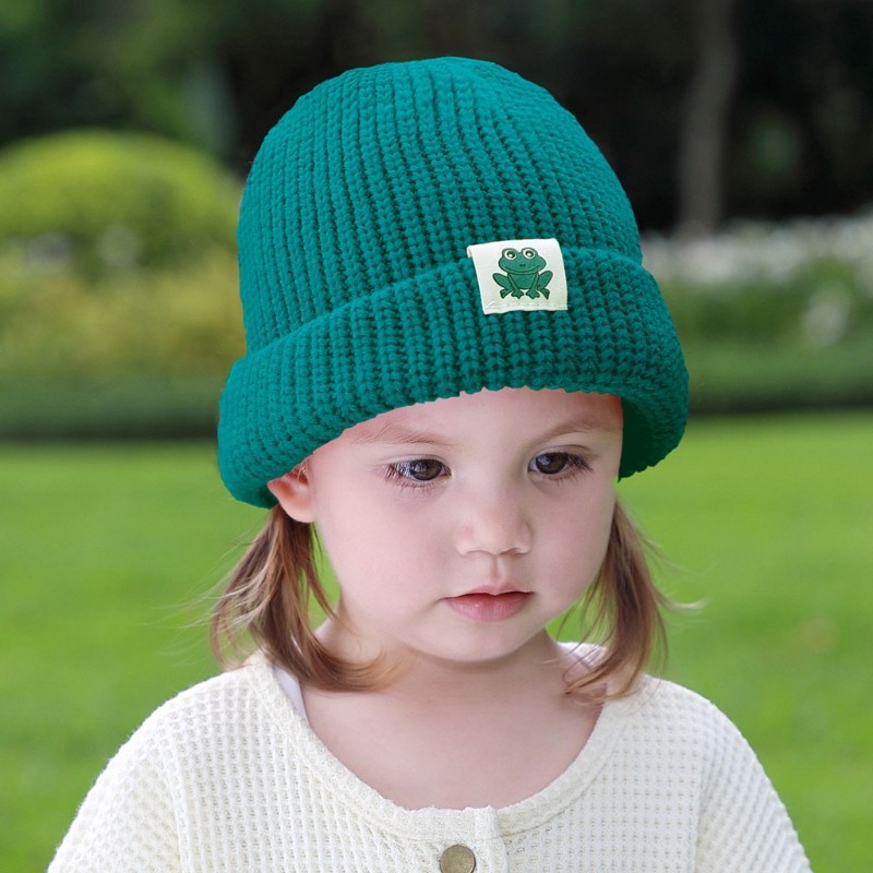 Autumn Winter Solid Color Baby Knitted Warm Hat Soft Casual Hemming Hat Kids Girls Boys Frog Label Beanies Clothes