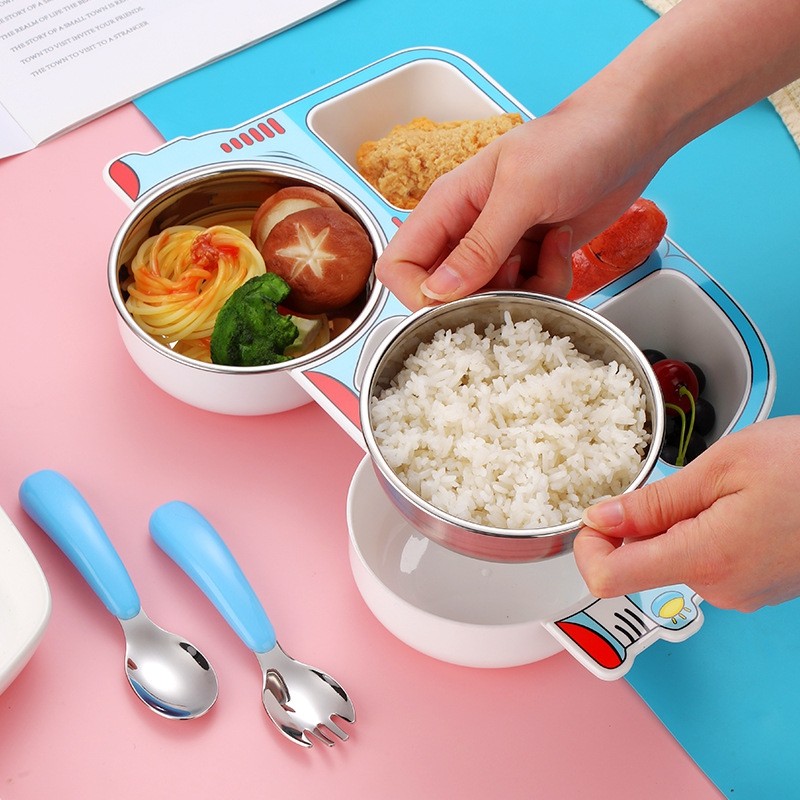 Children's Tableware Set Stainless Steel Dishes Baby Feeding Plate Spoon Fork Cute Cartoon Car Shape Bowl New Arrival