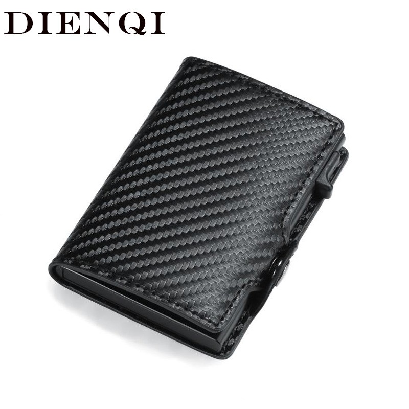 DIENQI - Men's Rfid Carbon Fiber Wallet, Black Leather Wallet, Small Wallet