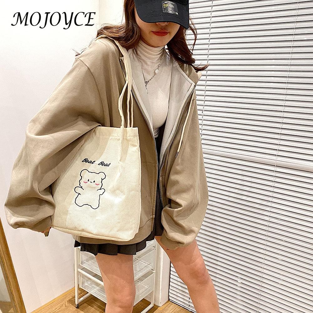 Retro female shoulder bag creative bear print design casual corduroy shoulder bag women large capacity bags