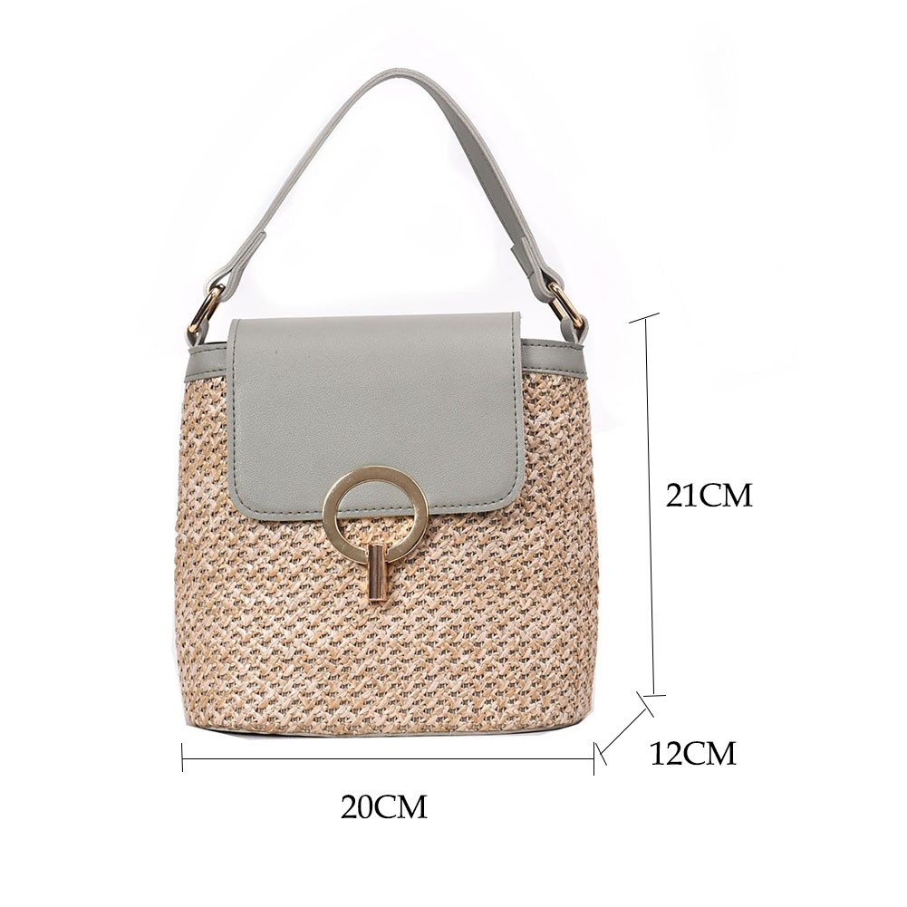 Women Bucket Casual Crossbody Bags Straw Weave PU Patchwork Top Handle Bags Summer Beach Female Flap Shoulder Messenger Bags