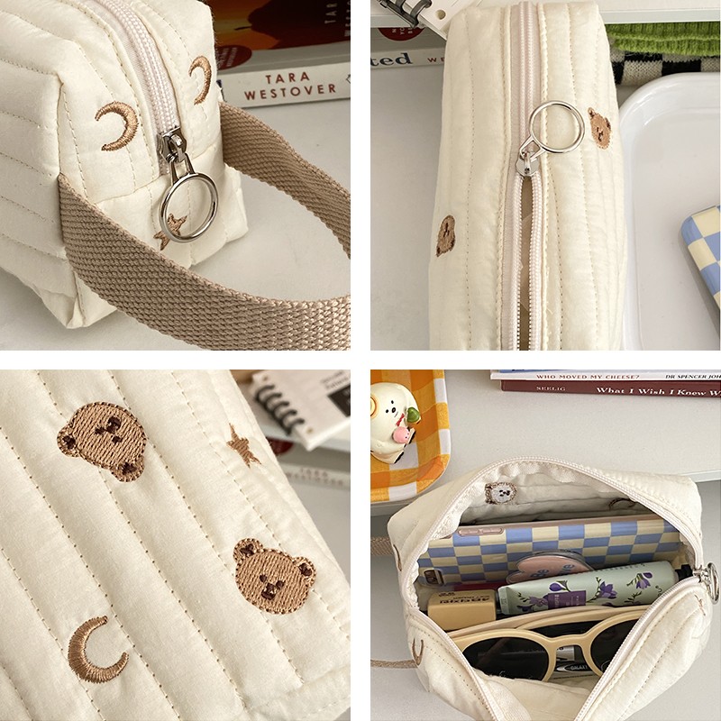 Embroidery Bear Makeup Bag Padded Women Zipper Cosmetic Organizer Bag Cute Cotton Wrist Make Up Pouch Portable Toiletry