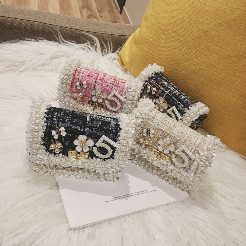 Korean Style Women Woolen Cross Body Handbags Cute Girls Princess Purses And Handbags Baby Pearl Clutch Purse