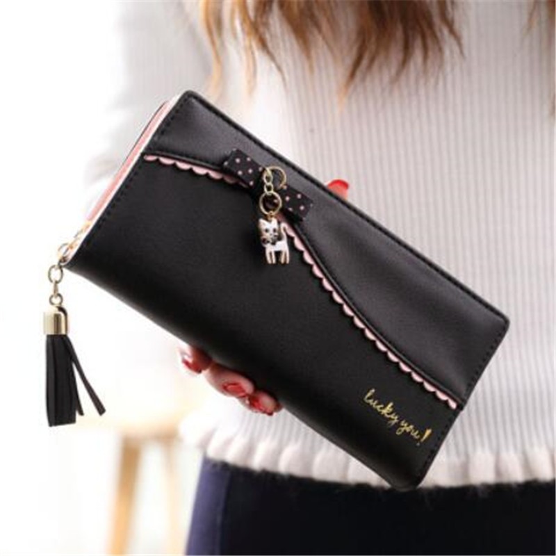 PU long wallet leather wallet women card holder purse sweet bow cute cat pendant tassel ladies clutch phone money coin bag portemonny