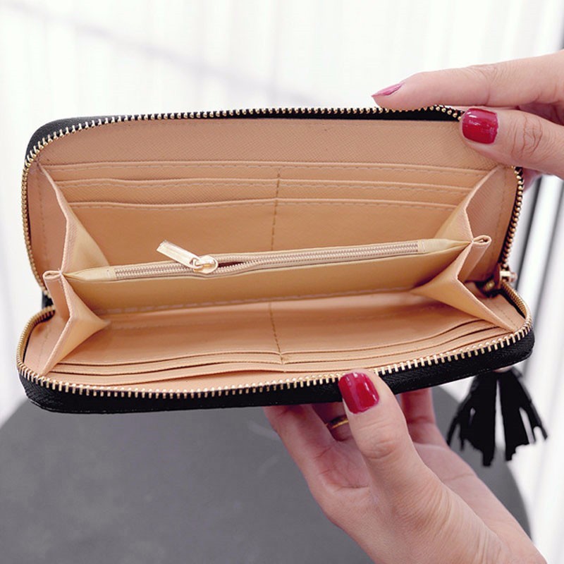 Women Long Wallets Clutch White High Quality Leather Tassel Ladies Zipper Bag Phone Coin Cash Receipt Card Holder