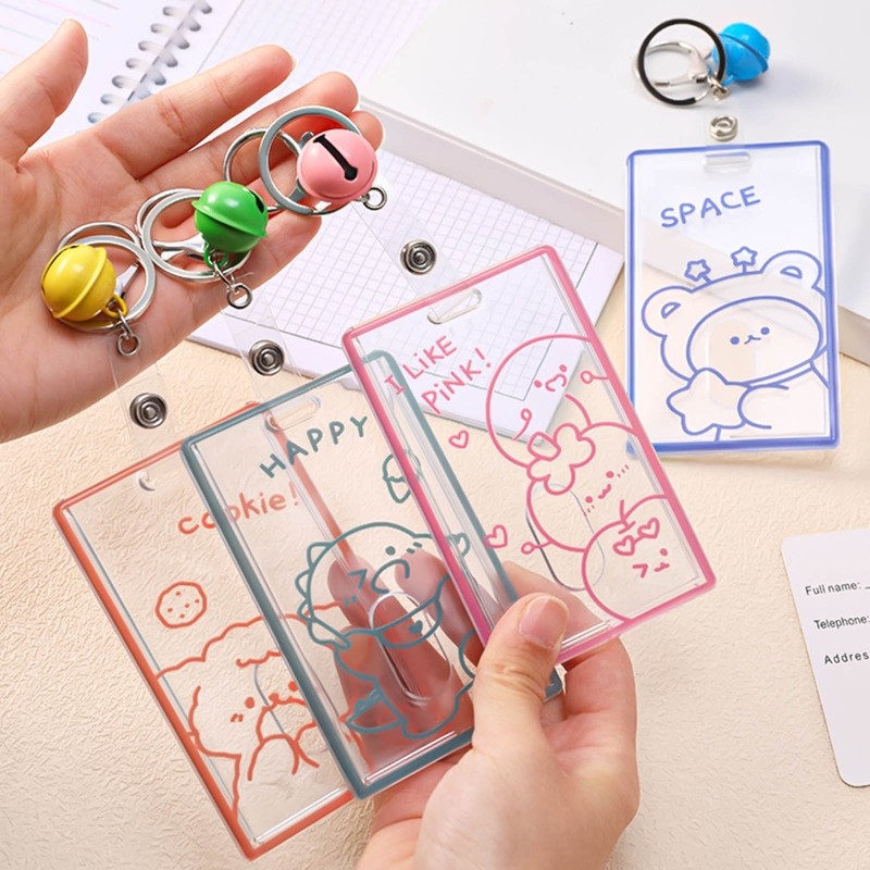 X7YA 1pc Transparent Acrylic Business Card Holder For Staff Staff With Keyring Bell Cartoon Pattern Pass Card Cover Bus Cards