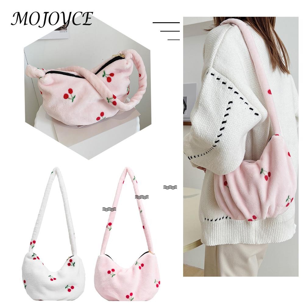 Female Fashion Cherry Pattern Shoulder Bag Winter Mobile Phone Top Handle Bag Warm Plush Tote Decorative Handbag