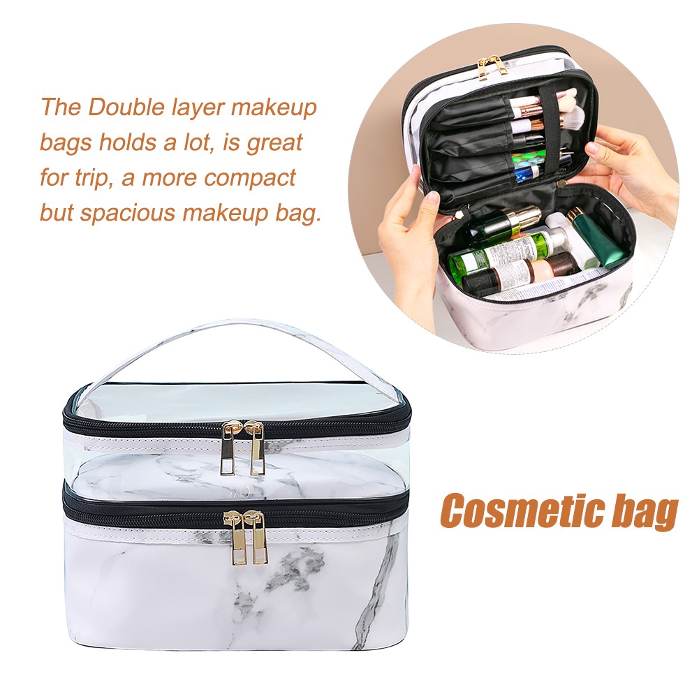 Makeup Bag Double Layer Cosmetic Case Travel Organizer Lipsticks Storage Reusable Marble Fashion Toiletry Clear Handbag Zipper