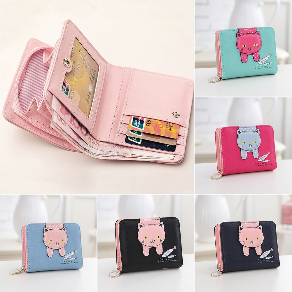 Card Portable Hasp Coin Zipper Closure Gift Cute Cat Money Folding Short PU Leather Cartoon Women Wallet