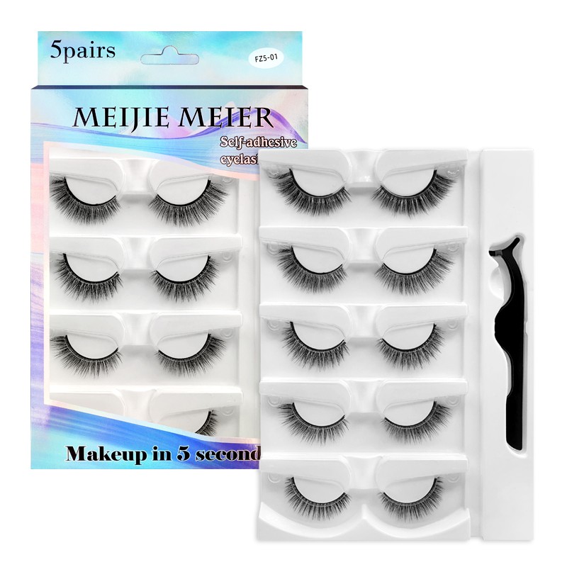 5 Pairs - Reusable Self Adhesive False Eyelashes With Adhesive Tape Natural Waterproof Eye Lashes To Wear No Glue Needed