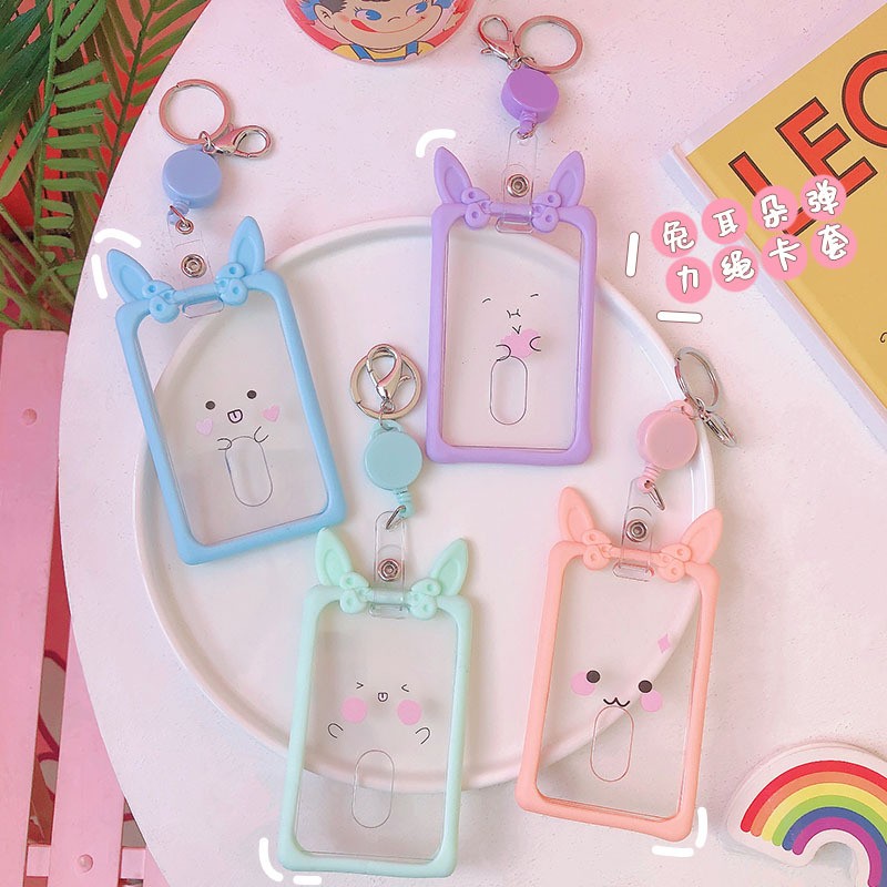 Cute Ear Card Holder Retractable Piggy Milk Bottle Student Card Holder Bus Pass Cover Keychain Card Badge Storage Bag