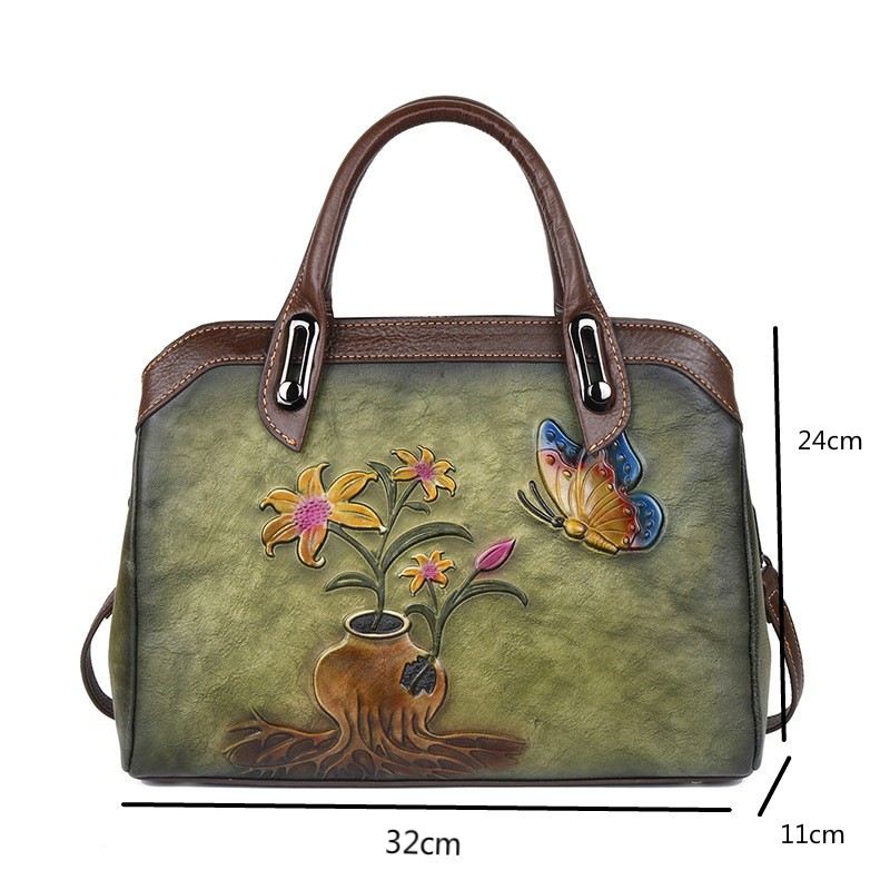 OYIXINGER Vintage Women Bag Genuine Leather Retro Women Shoulder Bags China Style Handmade Ladies Handbag Embossed Boston Bags