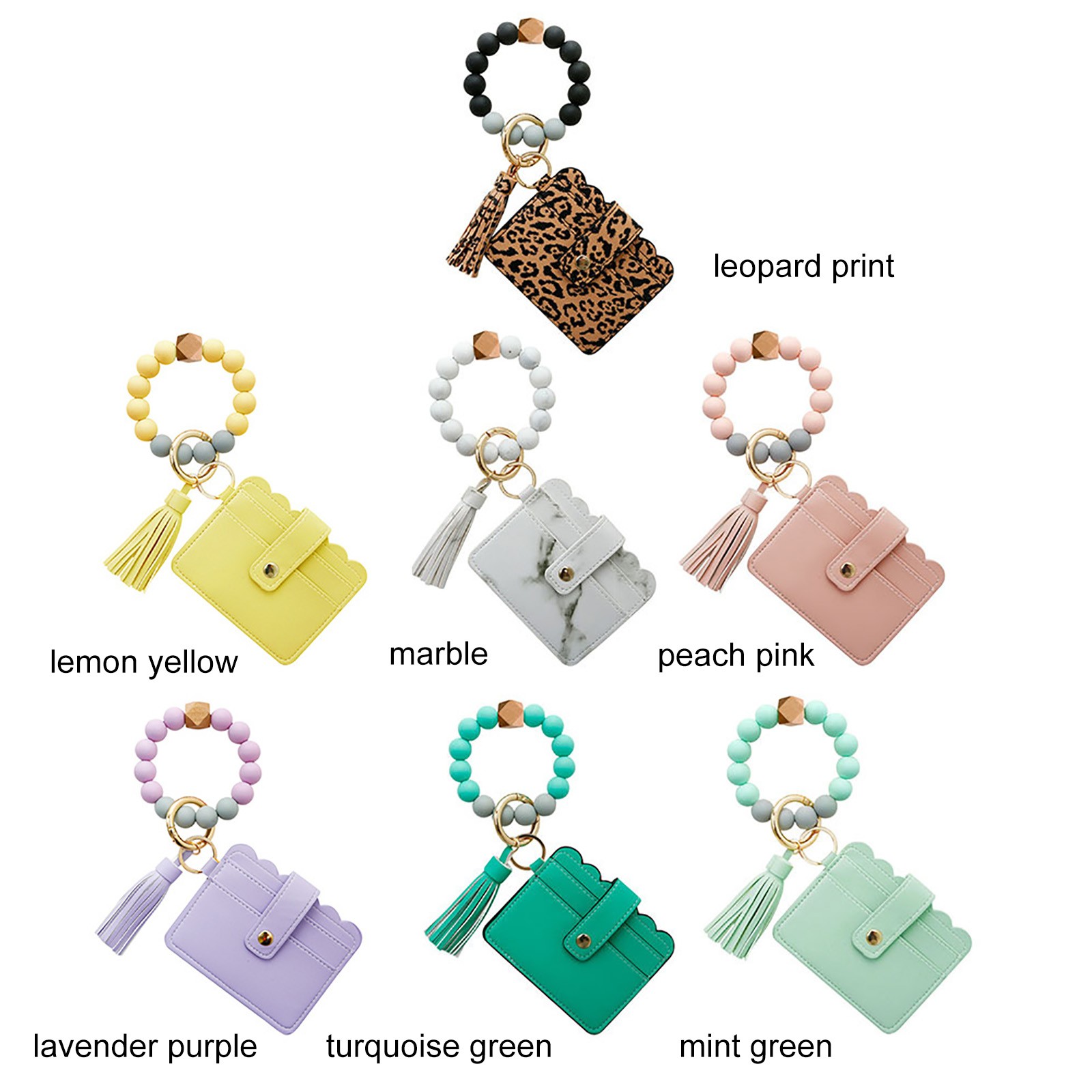 Wristlet purse bracelet keychain card holder pocket with elastic beaded keyring tassel, portable home car keys ring holder