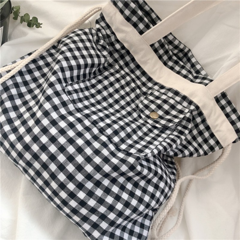 Shopping Bags For Women Plaid Casual Drawstring Adjustable Ins Cute Students Shopper Bag Korean Style