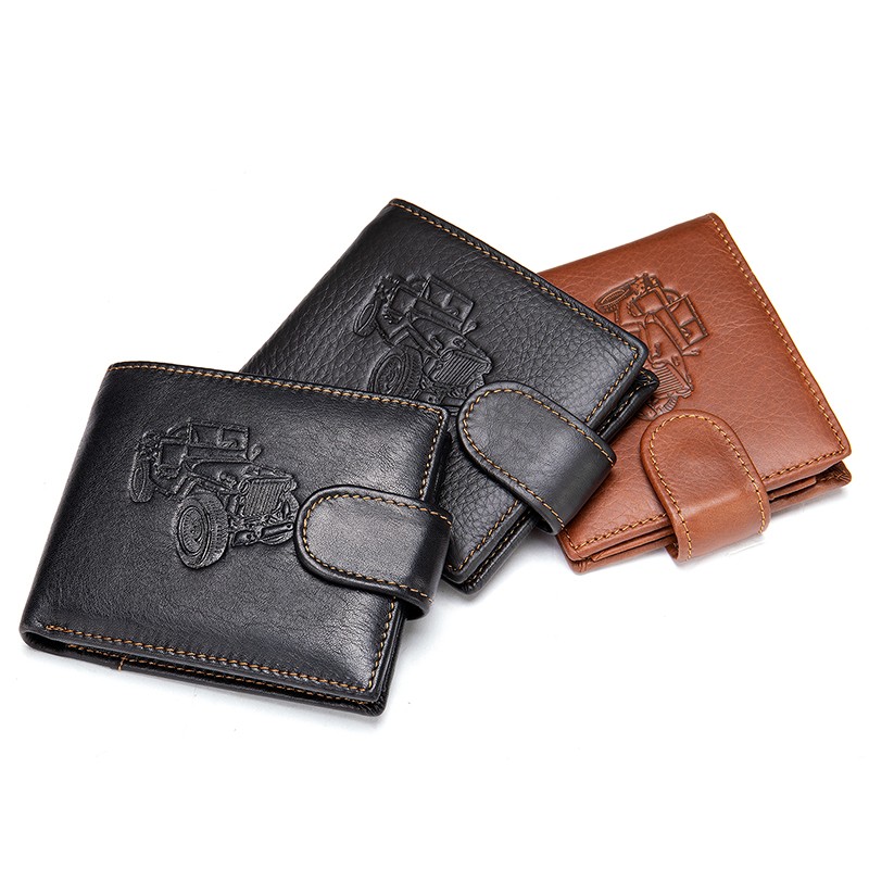 New Men's Genuine Leather Wallet Purse Holder Vintage Business Short 2 Fold Embossing Purse Male Zipper Coin Hasp Purse Money Bag