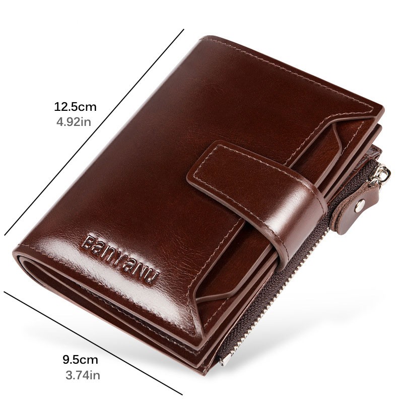 Men's Genuine Leather RFID Blocking Trifold Wallet Short Vintage Multifunctional Credit Card Holder Coin Zipper Pocket Money Bags