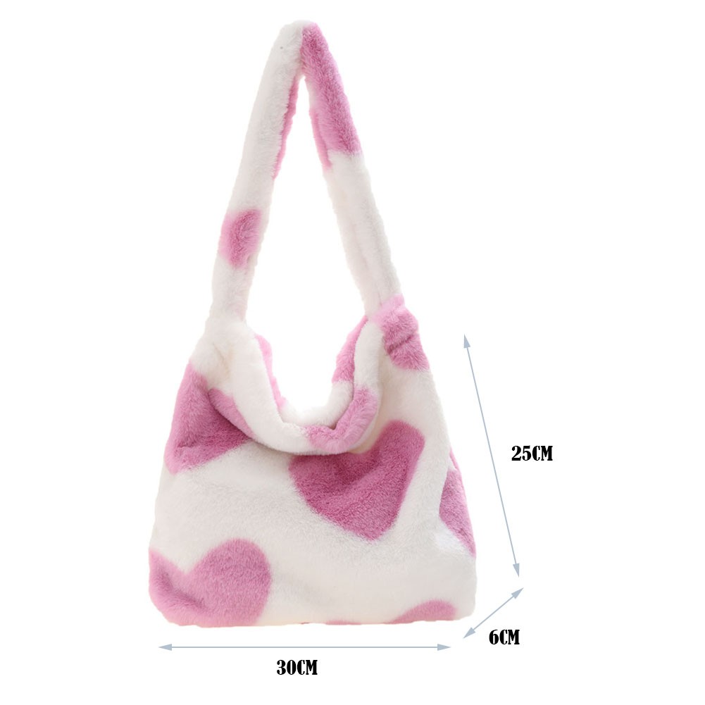 Love Heart Print Bags for Women 2021 Soft Plush Shoulder Bags Female Leopard Pattern Handbag Winter Warm Fluffy Bucket Bags