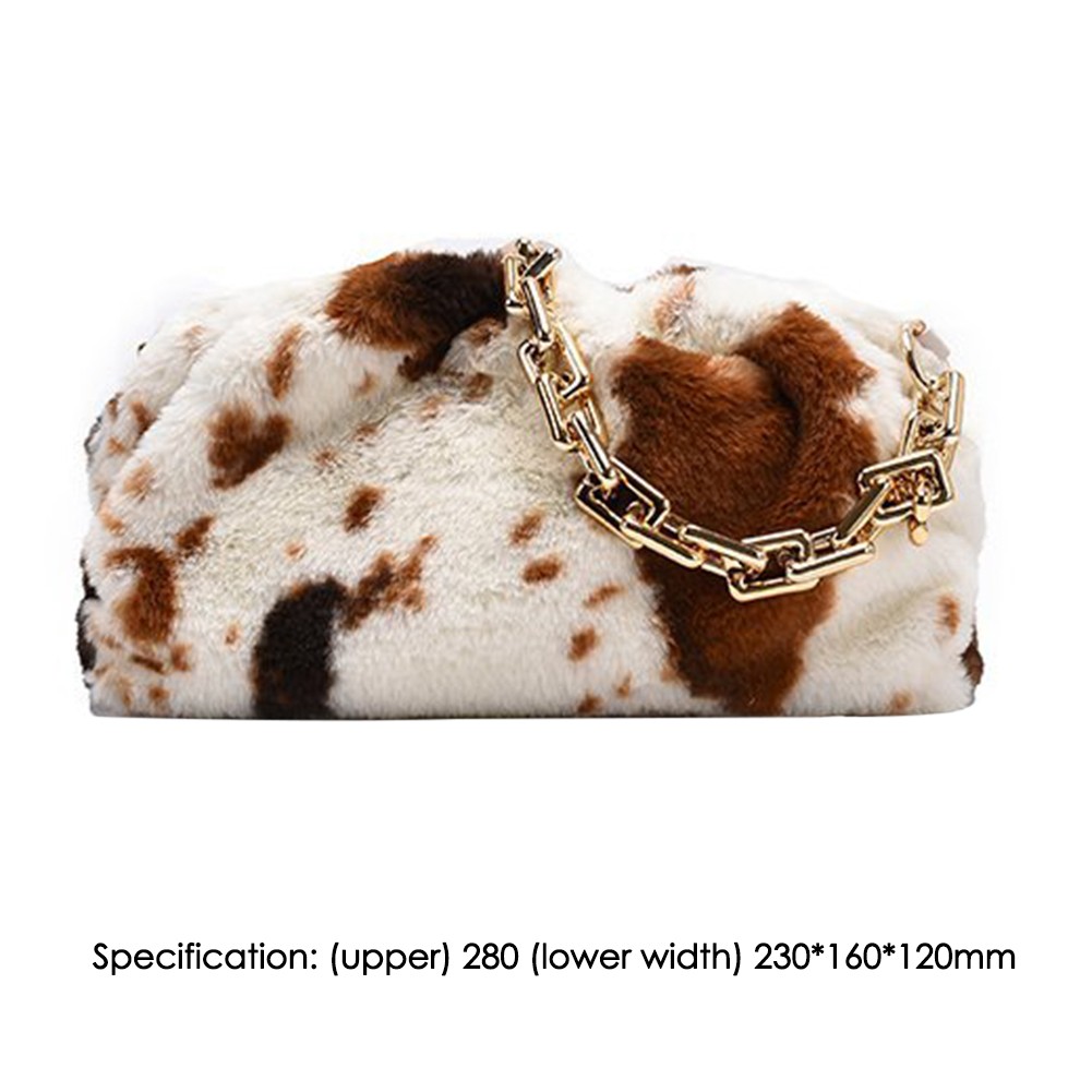 INS Fashion Women Winter Cloud Bag Cow Print Soft Plush Shoulder Bag Female Thick Chain Handbags Ladies Warm Fur Underarm Bags