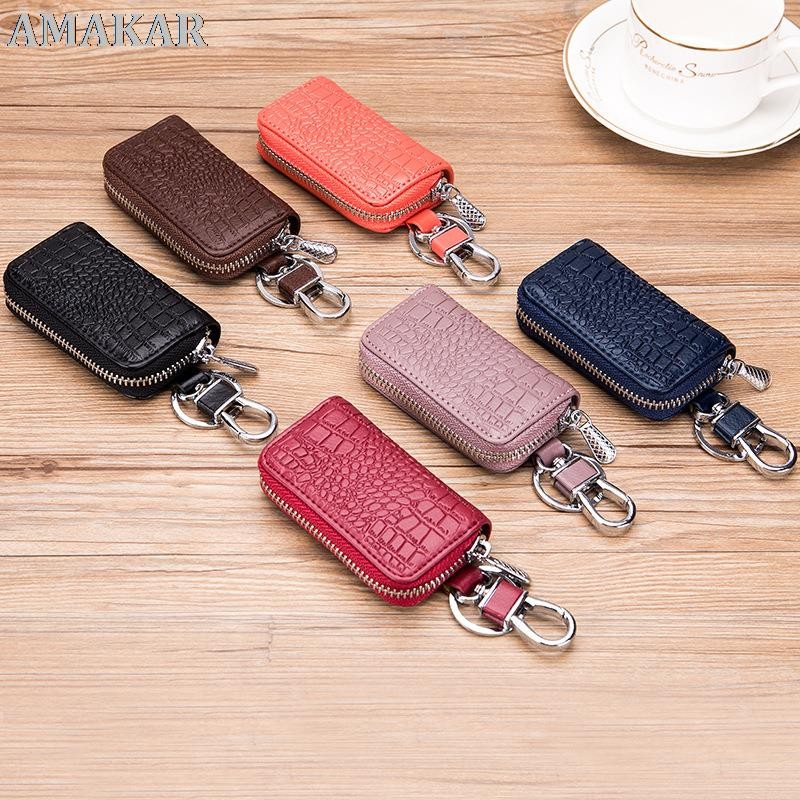 Fashion Genuine Leather Car Key Bag Unisex Crocodile Print Zipper Top Quality Cow Split Key Organizer Purse