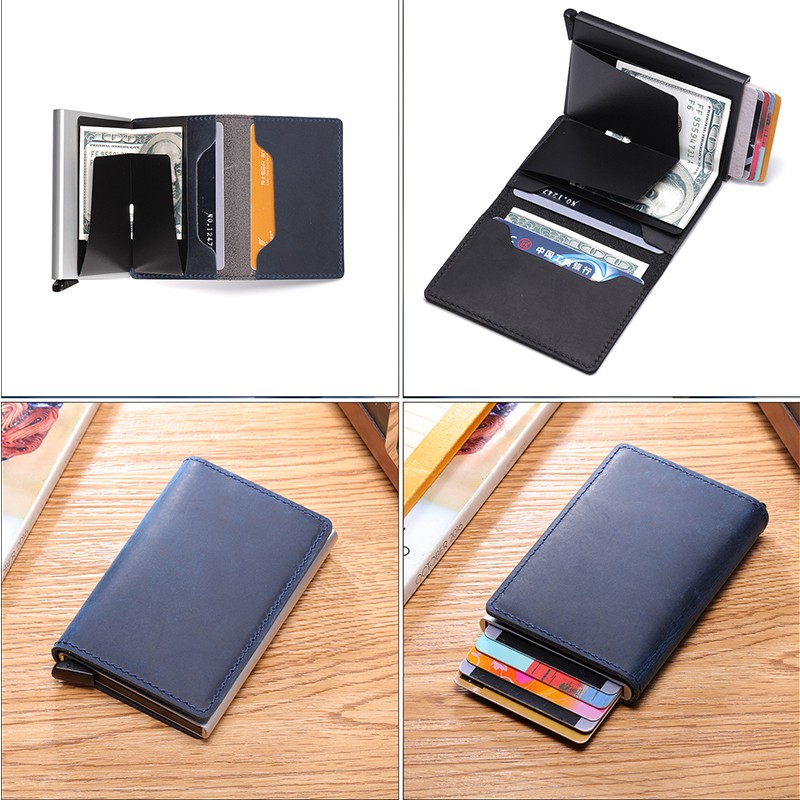 DIENQI Genuine Leather Skin RFID Credit Card Holder Metal Men Wallets 2022 Badge Pilot Card Holder Mini Card Wallet