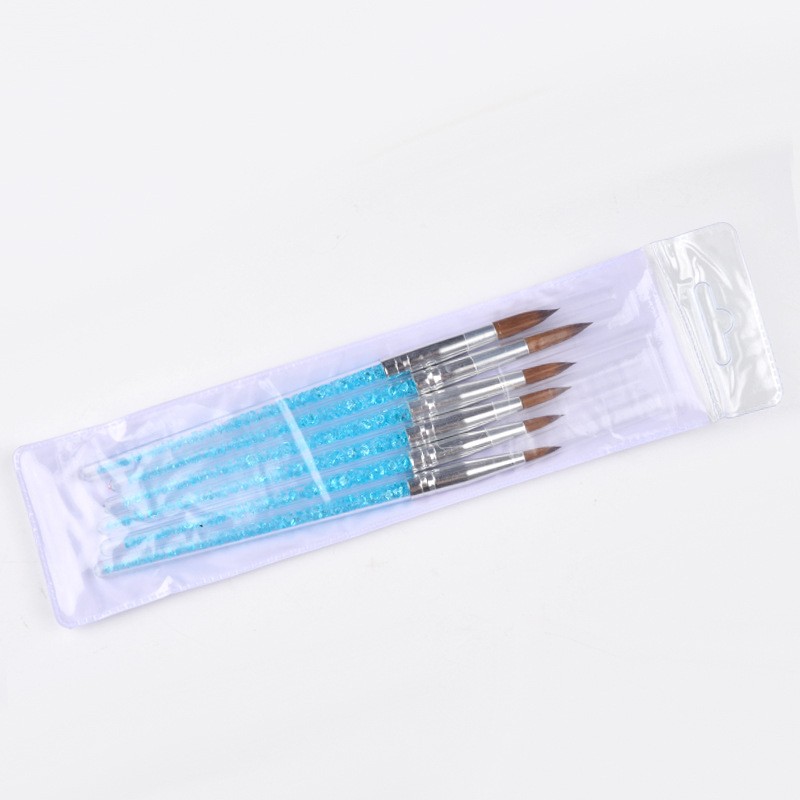 6pcs/set Nylon Hair Nail Brush Blue Rhinestone Faux Fur Acrylic Brush Pen Nail Gel Builder Carving Dotting Painting Tools