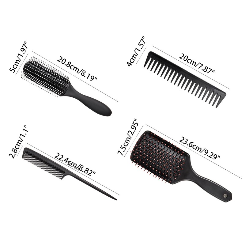 4pcs Painless Black Hair Styling Comb 4 in 1 Paddle Hair Brushes Hair Styling Comb Kit All Hair Type for Female Male