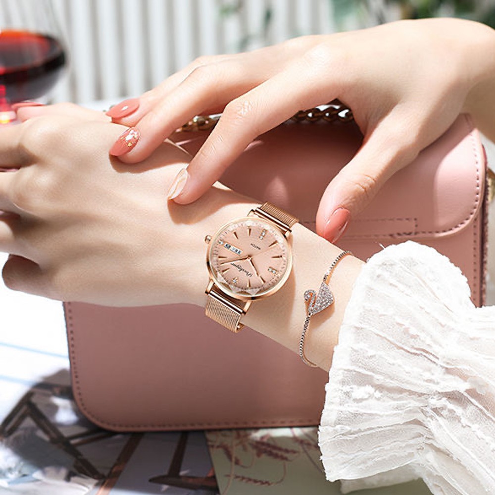 Swiss Brand POEDAGAR Women Watches Luxury Rose Gold Mesh Wristwatch Fashion Simple Waterproof Date Ladies Bracelet Watch Clock