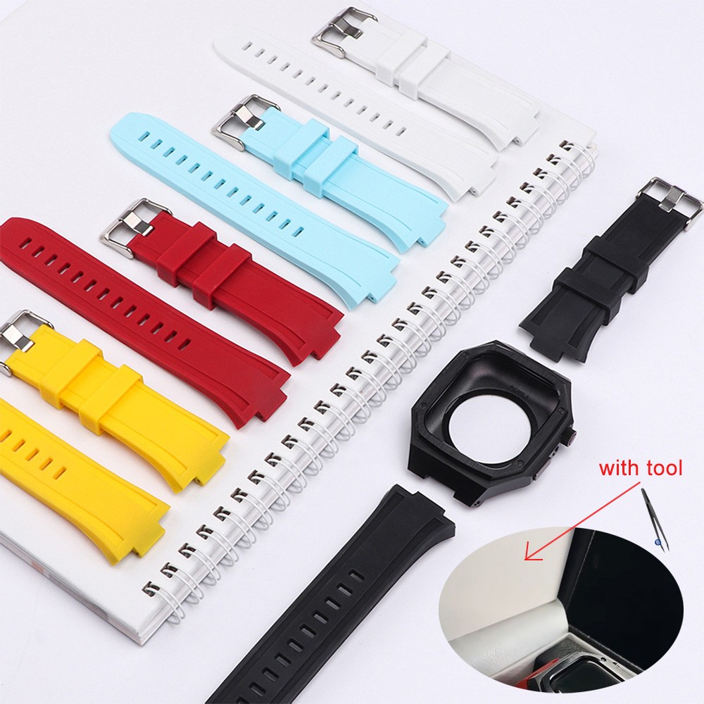 Case Stainless Steel For Apple Watch Band 44mm 45mm Silicone Strap Iwatch Series 7 6 SE 5 Metal Cover Modification Kit Bracelet