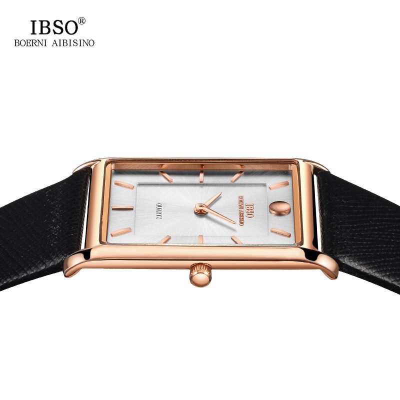 IBSO 7mm Ultra-thin Rectangle Dial Quartz Wristwatch Black Genuine Leather Strap Watch Men Business Classic Men's Quartz Watches