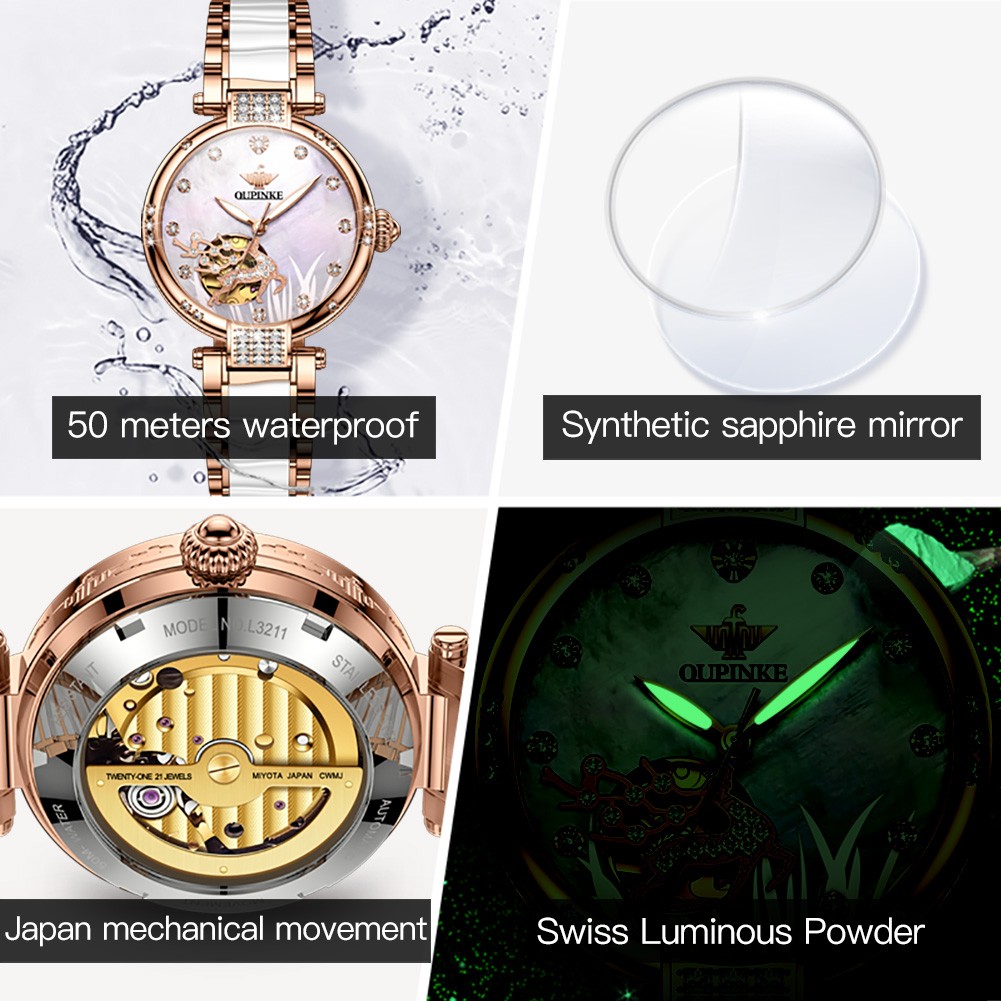 OUPINKE luxury brand automatic mechanical watch women sapphire mirror waterproof luminous diamond swiss movement wristwatch