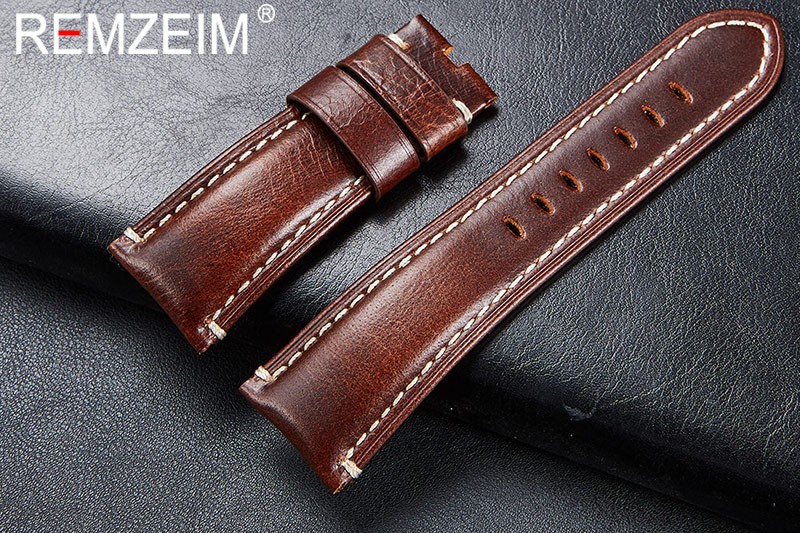 Remz Patterned - Genuine Leather Watch Strap, Brown, Green, Antique, 20, 22, 24, 26 mm, with Black and Silver Buckle