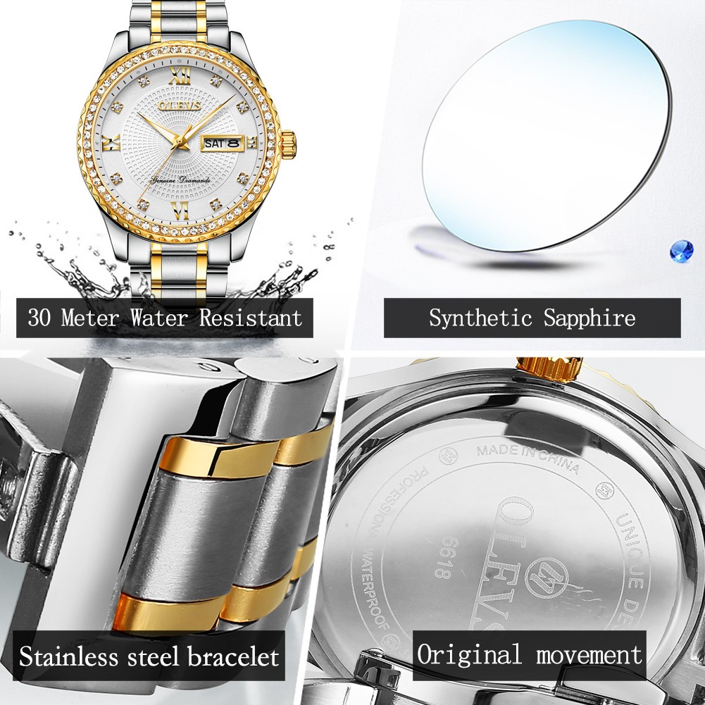 OLEVS Luxury Fashion Men's Quartz Watch Diamond Stainless Steel Watch Waterproof Business Date Sport Men's Watch Exquisite Gift