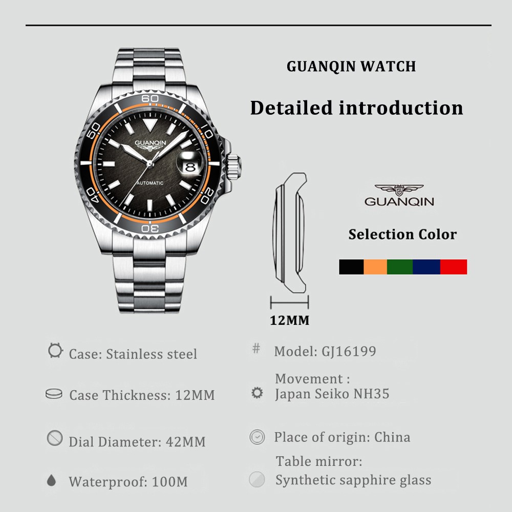 Guanqin Automatic Mechanical Watch NH35A Men's Watch Sapphire Fashion Sport Watch Stainless Steel Waterproof Luminous 2022 New