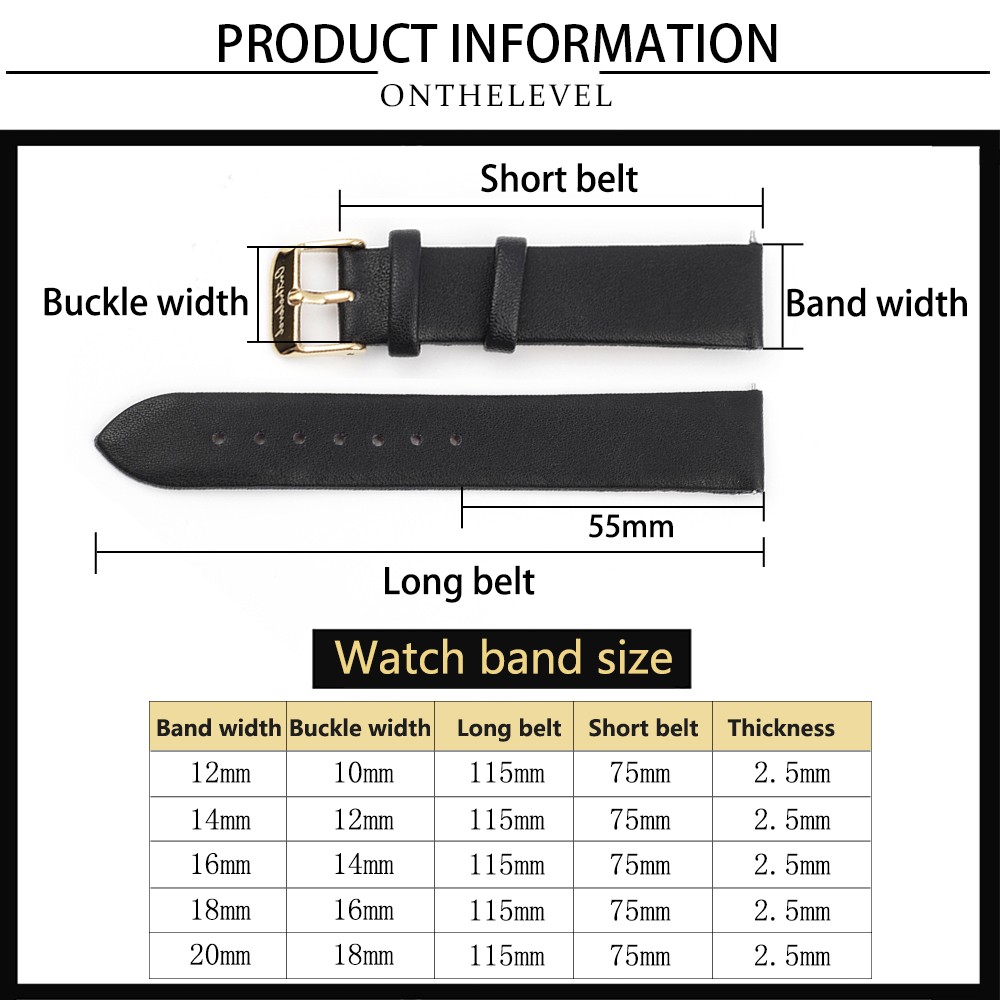 Onthelevel Women Leather Watch Strap 12mm 14mm 16mm 18mm 20mm Quick Release Watch Straps Replacement Black Blue Gray White Coffee