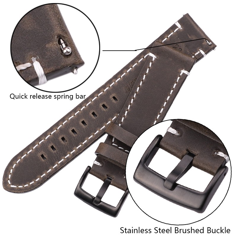 HENGRC - Genuine Cowhide Leather Watch Strap for Men and Women, Thickness 18, 20, 22, 24mm, Handmade, Retro, with Metal Buckles