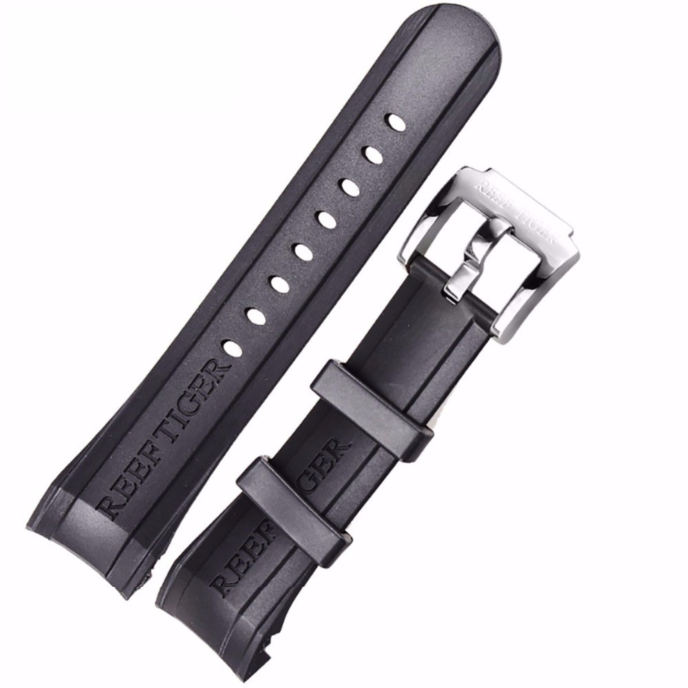 Reef Tiger Rubber Watch Strap, 29 cm, Black, with Tang Buckle for Aurora Clasps and Adapter