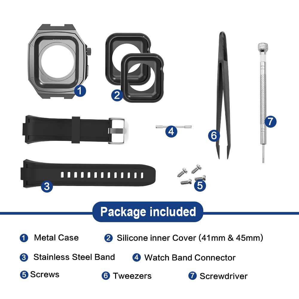 Stainless Steel Modification Kit for Apple Watch Case 4 5 6 44mm 45mm Metal Rubber Straps Style for iWatch Series 7 6 SE 5 4