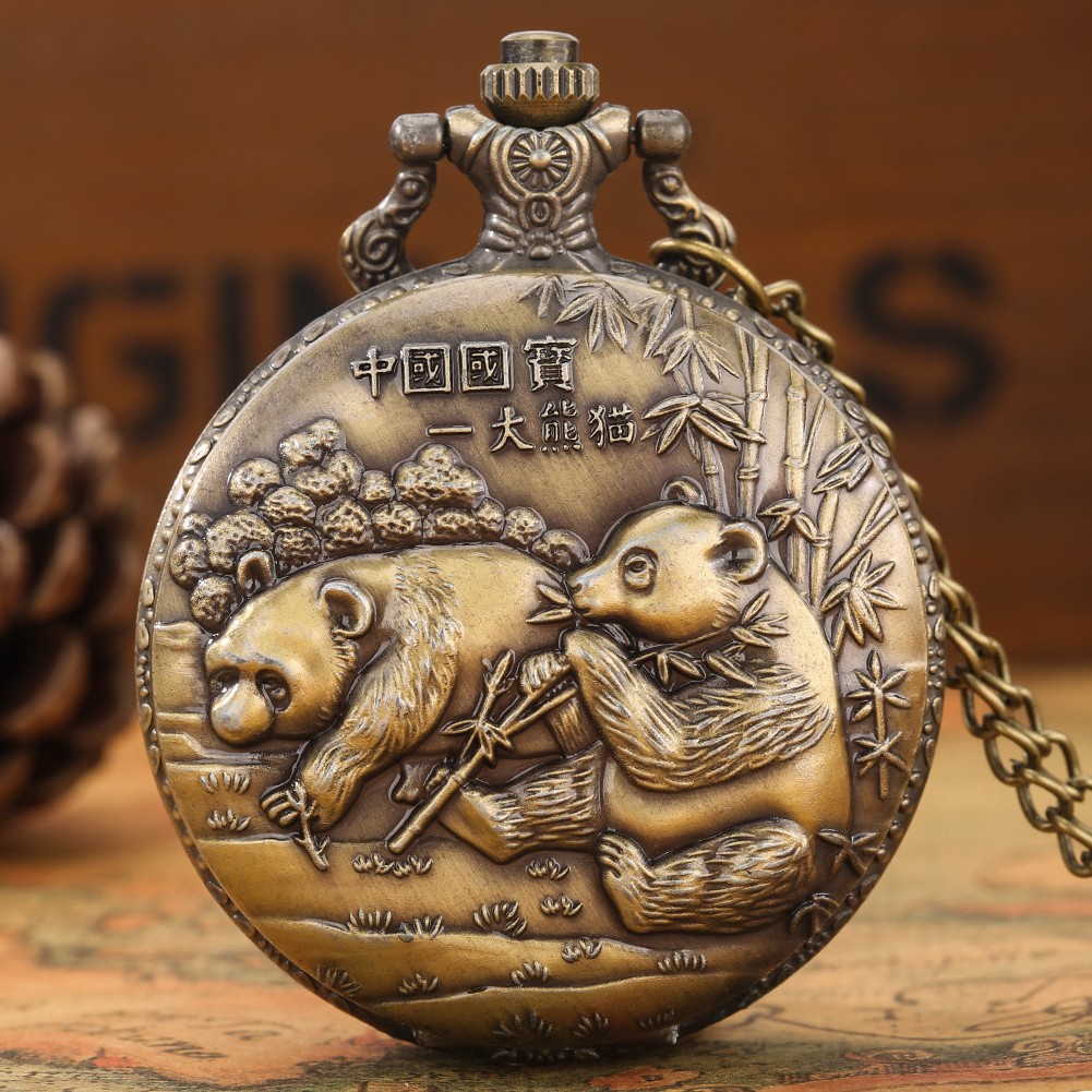 Souvenir Collection Men's Leisure Retro Bronze Quartz Pocket Watch Giant Panda Style With Chain Nostalgia Watches Delicate Gift