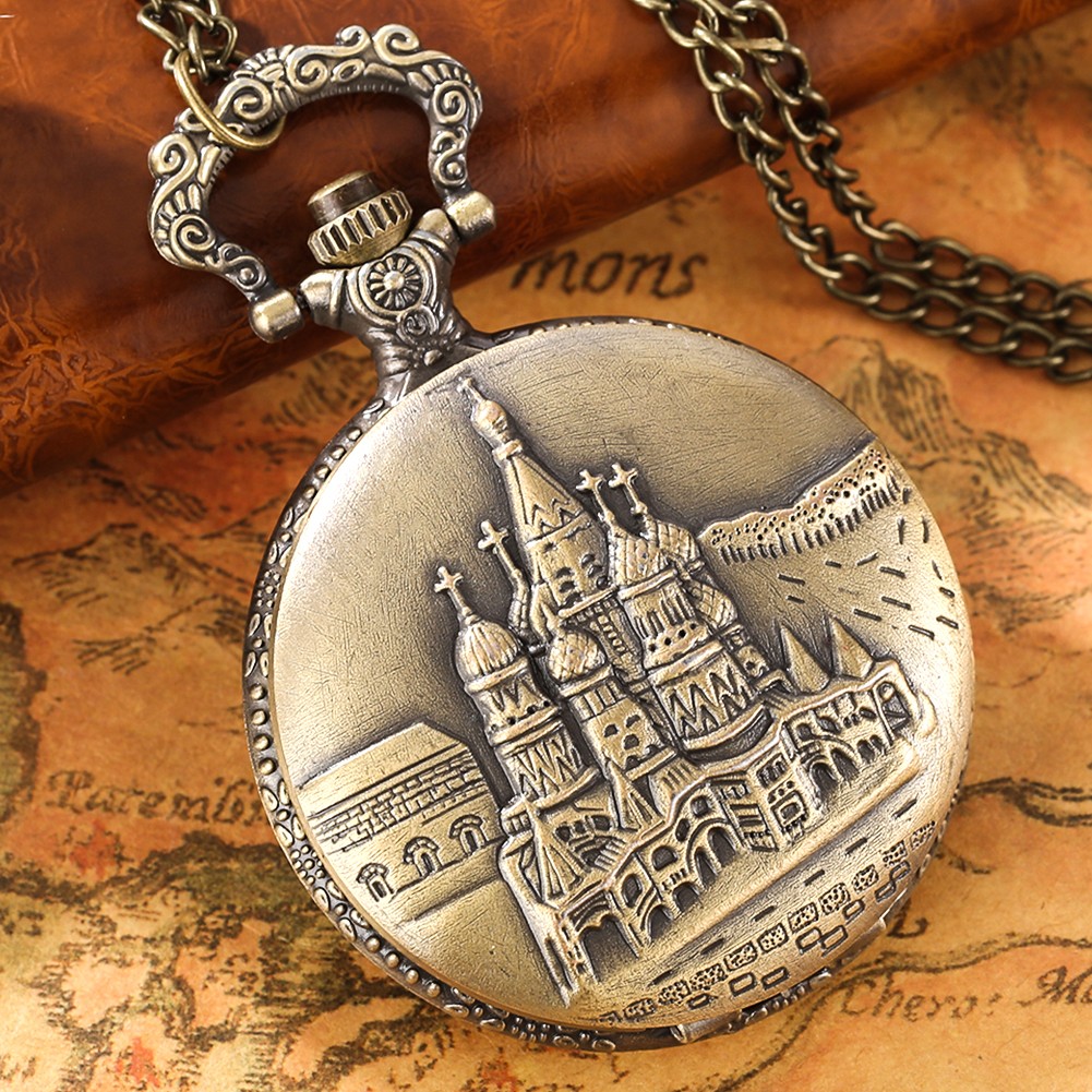 2022 New Style Bronze Fashionable Classic Men's Quartz Pocket Watch Castle Style Unique Watches Gift for Boyfriend Husband