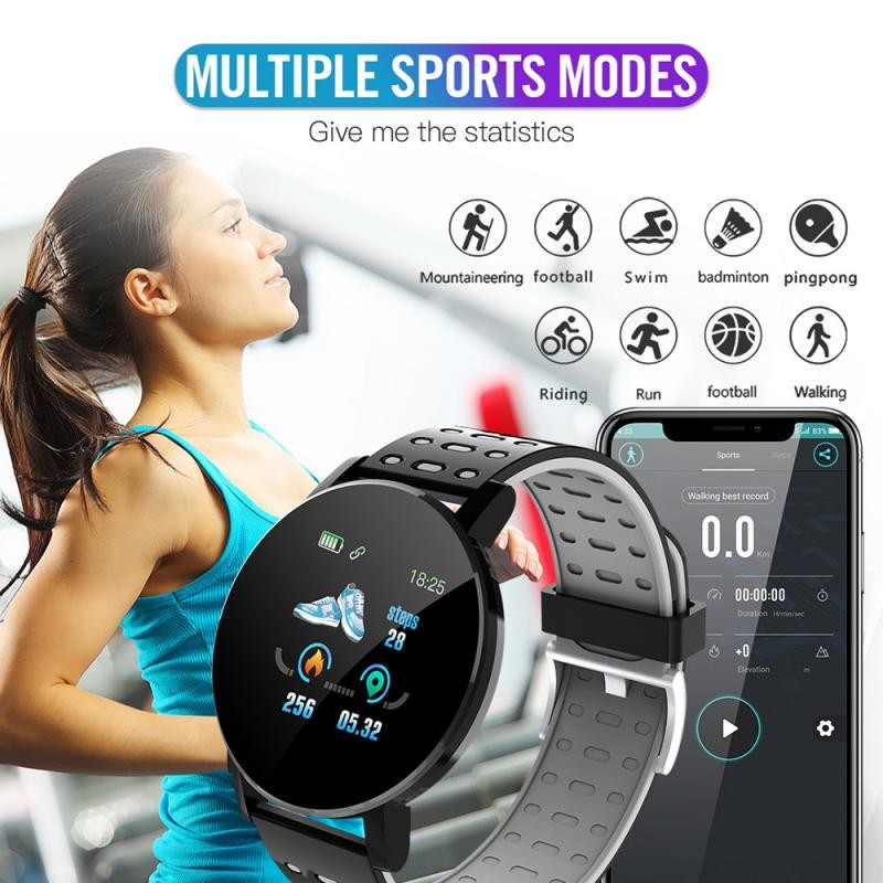 Smart Watch Blood Pressure Men Watch Round Message Reminder Fitness Tracker Smartwatch Women Bracelet for IOS Android 119 Plus