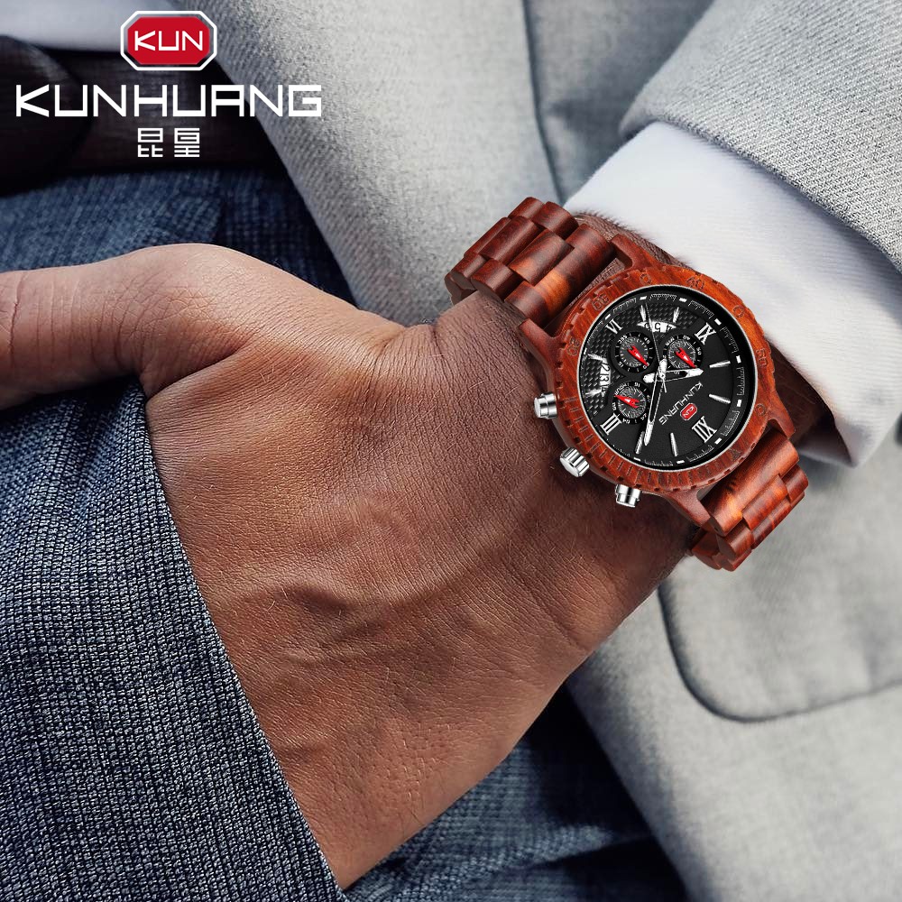 Kunhuang Luxury Brand Men's Watch Wooden Multifunctional Raw Quartz Watch High Strength Ebony Glass Case relógio masculino