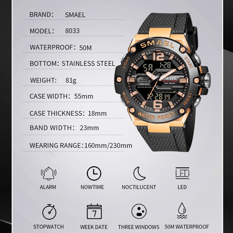 Fashion Men's Watch Sport Watch 50M Waterproof Wristwatches LED Digital Auto Date Stopwatch Alarms 8033 Casual Men's Watches