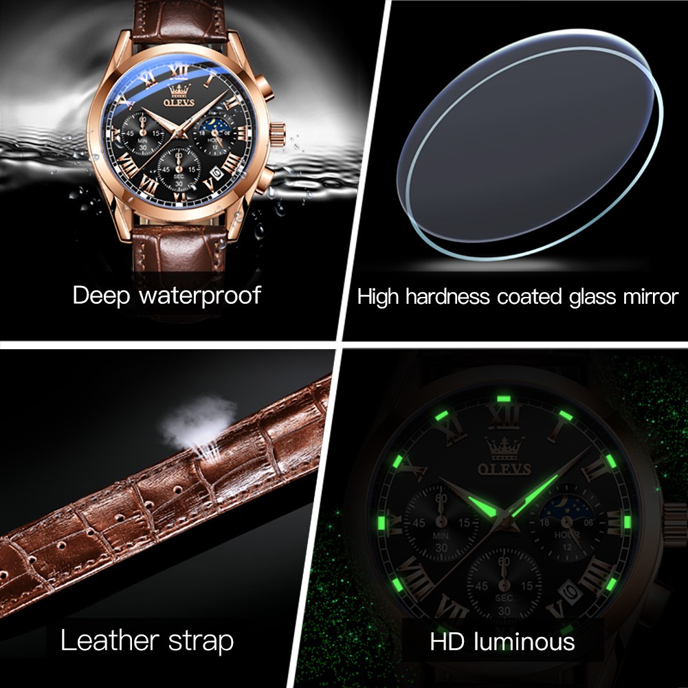 OLEVS Waterproof Corium Strap Men's Wristwatches Quartz Multifunction Three-eye Six Hand Fashion Luminous Men's Watches