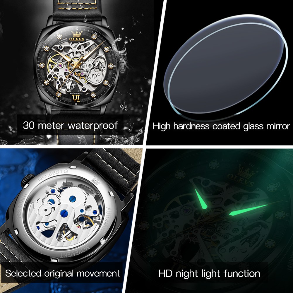 OLEVS Watch for Men Luxury Brand Diamond Automatic Mechanical Wristwatches Skeleton Design Waterproof Leather Men's Watches